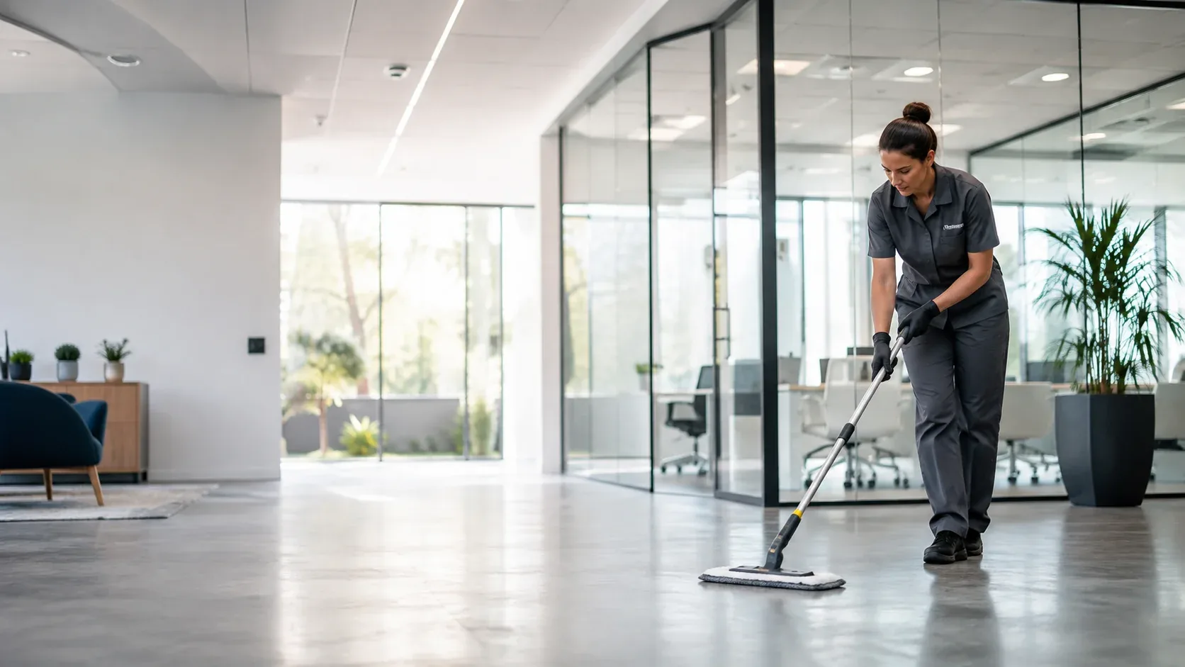 Profissional Clean N’ Gou a limpar um espaço de escritório